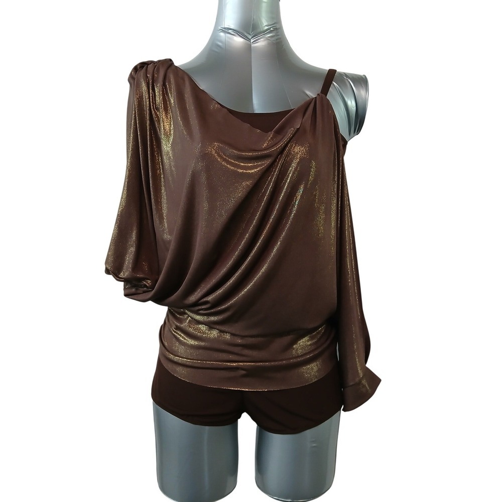 Art Stone 2324 Brown Gold Metallic Draped Asymmetrical Dance Leotard Costume‎ MA